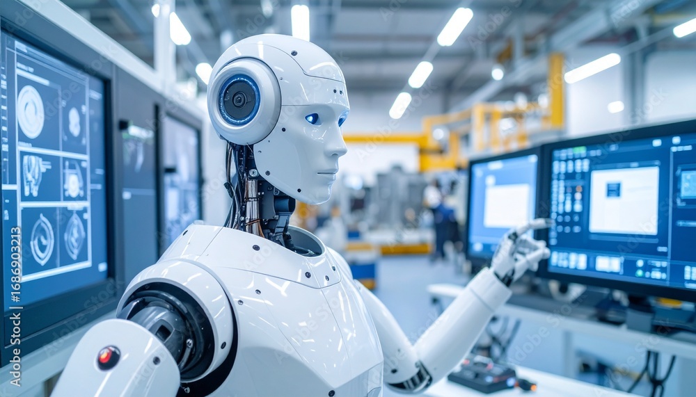 Poster a humanoid robot operating in a modern factory setting, with an industrial atmosphere. the robot is 