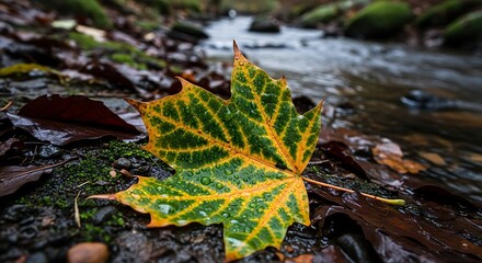 Dew-Kissed Maple Leaf: Autumn's Jewel by a Flowing Stream