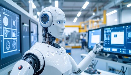 A humanoid robot operating in a modern factory setting, with an industrial atmosphere. The robot is analyzing information, highlighting the synergy between technology and the future