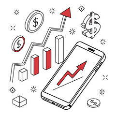 Isometric illustration of financial growth chart on smartphone with dollar coins and bars
