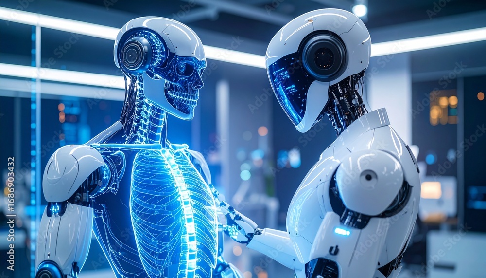 Poster two futuristic robots touching each other in a laboratory, with one robot's internal structure visib
