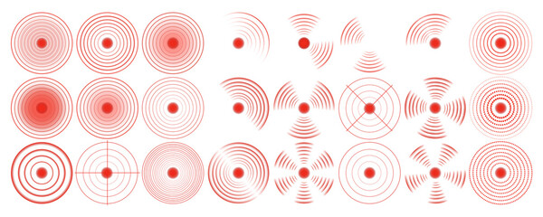 Red concentric circles vector icons. Pain localization medical symbols showing sore spot, inflammation, migraine, muscle ache, headache, joint pain and body injury markers isolated on transparent back