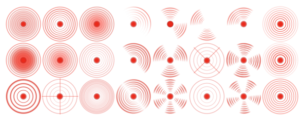 Red concentric circles vector icons. Pain localization medical symbols showing sore spot, inflammation, migraine, muscle ache, headache, joint pain and body injury markers isolated on transparent back