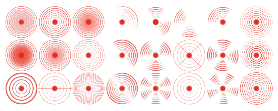 Red concentric circles vector icons. Pain localization medical symbols showing sore spot, inflammation, migraine, muscle ache, headache, joint pain and body injury markers isolated on transparent back