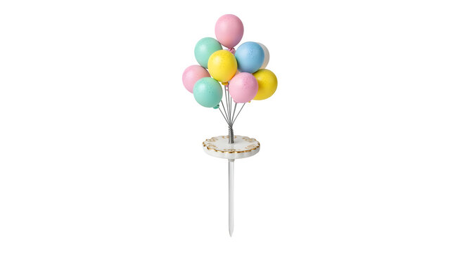A whimsical bouquet of pastel balloons lifts a decorative cake topper, promising joy and celebration.