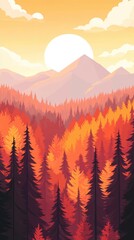 Illustrated autumn forest with mountains
