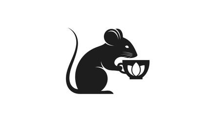 Elegant black silhouette of a mouse holding a teacup.
