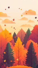 Autumn trees with colorful falling leaves
