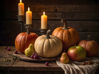 Pumpkins, apples, pears and grapes creating an autumnal still life with burning candles