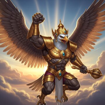 Mythical Golden Bird Warrior with Wings, Armor and Mace in Stormy Sky