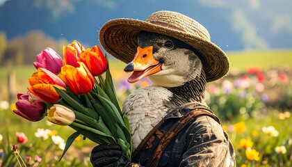 A goose wearing a straw hat holding a bouquet of tulips
