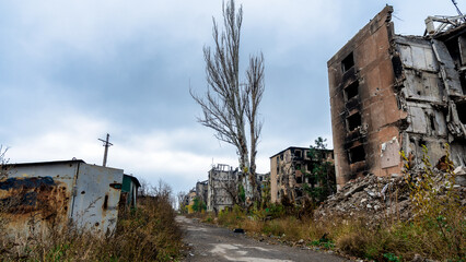 ruined street and destroyed houses the city Kiev war in Ukraine