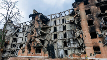 ruined street and destroyed houses the city Kiev war in Ukraine