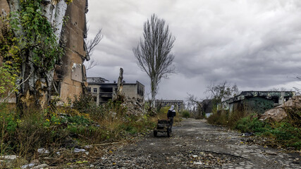 ruined street and destroyed houses the city Kiev war in Ukraine