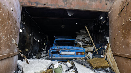 ruined street and destroyed houses the city Kiev war in Ukraine