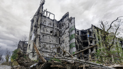 ruined street and destroyed houses the city Kiev war in Ukraine