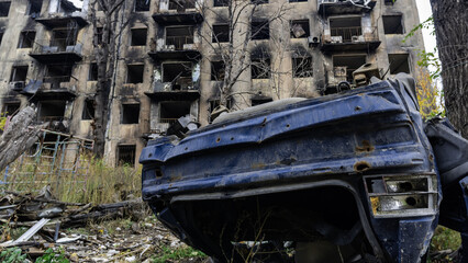 ruined street and destroyed houses the city Kiev war in Ukraine