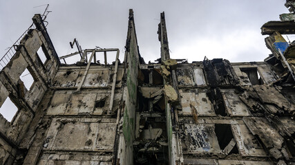 ruined street and destroyed houses the city Kiev war in Ukraine