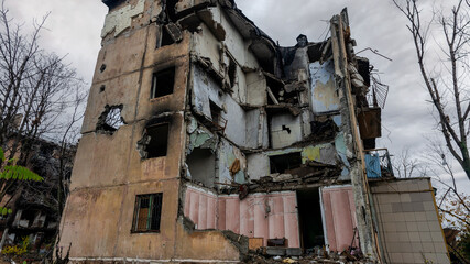 ruined street and destroyed houses the city Kiev war in Ukraine