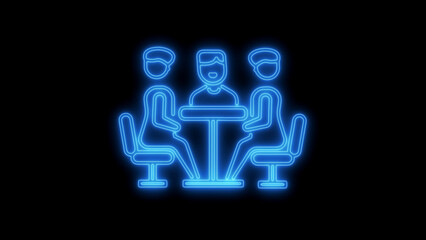 Neon blue outline of three people sitting around a table on a black background light glow