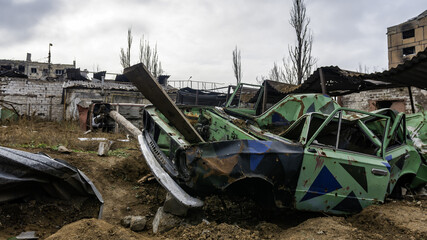 ruined street and destroyed houses the city Kiev war in Ukraine