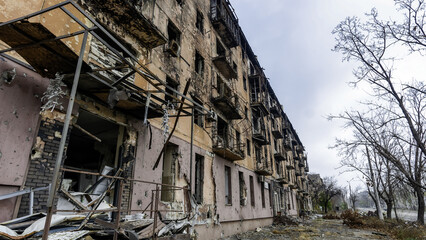 ruined street and destroyed houses the city Kiev war in Ukraine
