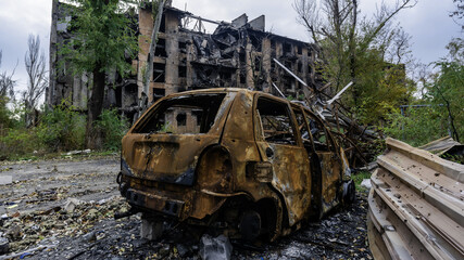 ruined street and destroyed houses the city Kiev war in Ukraine
