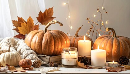 A cozy autumn still life featuring pumpkins, candles, and fall leaves, creating a warm and inviting ambiance. The pumpkins of varying sizes are the focal point.