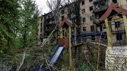 ruined street and destroyed houses the city Kiev war in Ukraine
