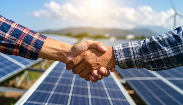 Two individuals seal a business deal with a handshake, with solar panels and wind turbines in the background, symbolizing a commitment to sustainability