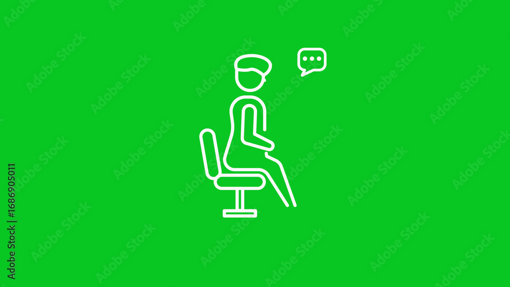 Poster a minimalist line icon of a person sitting on a chair with a speech bubble containing a question mar