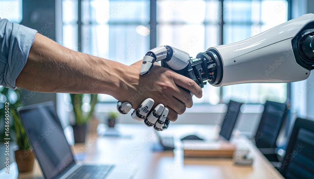 Aufkleber the handshake between human and robot showing the future of technology and collaboration. the image 