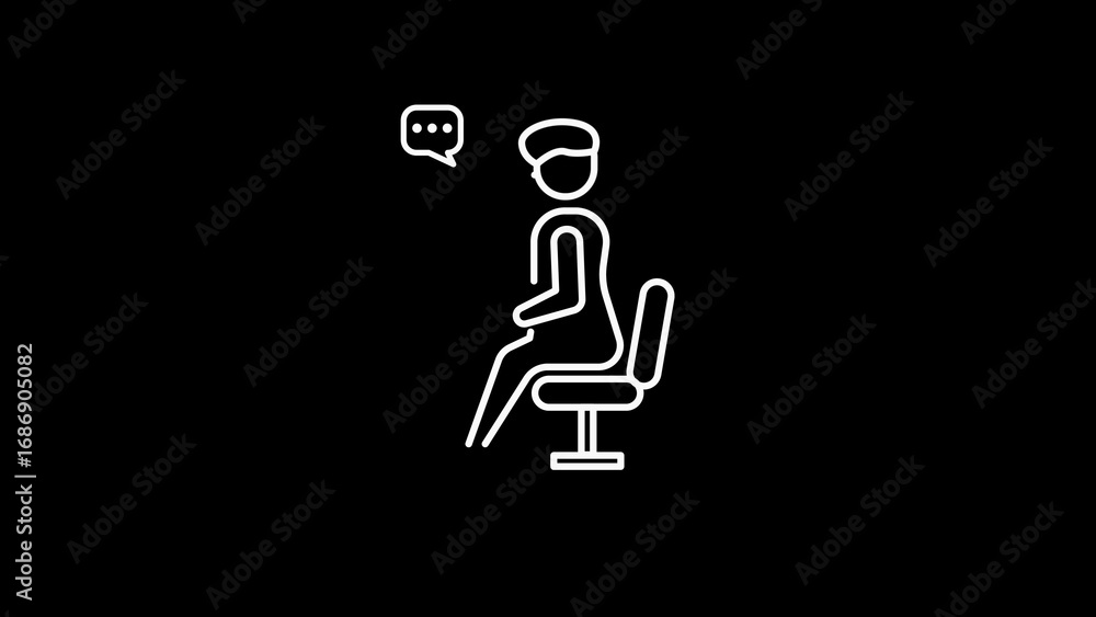 Poster a minimalist line icon of a person sitting on a chair with a speech bubble containing a question mar
