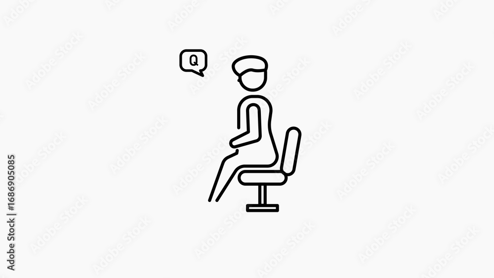 Poster a minimalist line icon of a person sitting on a chair with a speech bubble containing a question mar
