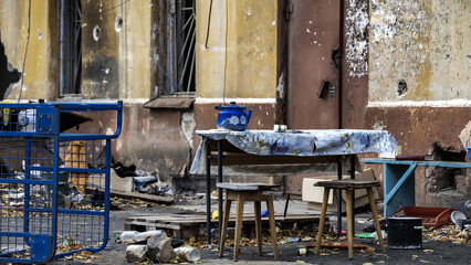ruined street and destroyed houses the city Kiev war in Ukraine