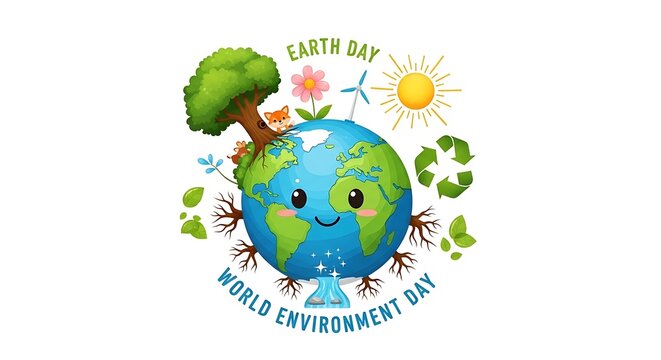 Earth Day Illustration: Smiling Planet with Animals, Flowers, and Recycling Symbol.