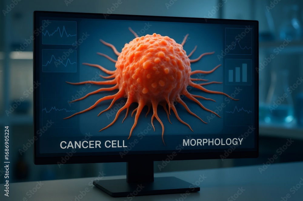 Aufkleber computer monitor displaying cancer cell morphology and data charts in a laboratory setting, suggesti