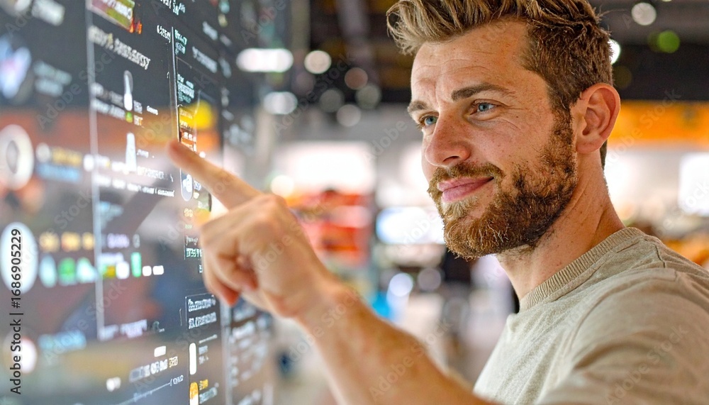 Poster a man using a touch screen display, his focused expression and engaged gesture. the screen's vibrant