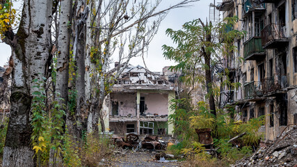 ruined street and destroyed houses the city Kiev war in Ukraine