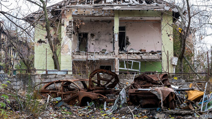 ruined street and destroyed houses the city Kiev war in Ukraine