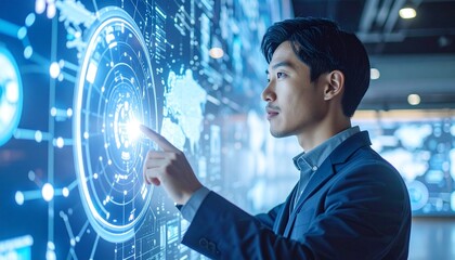 A focused individual interacting with a holographic interface. The man is dressed in business attire, engaged with a futuristic screen.