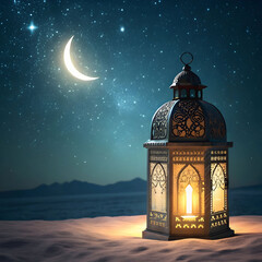 ramadan lantern glowing with crescent moon