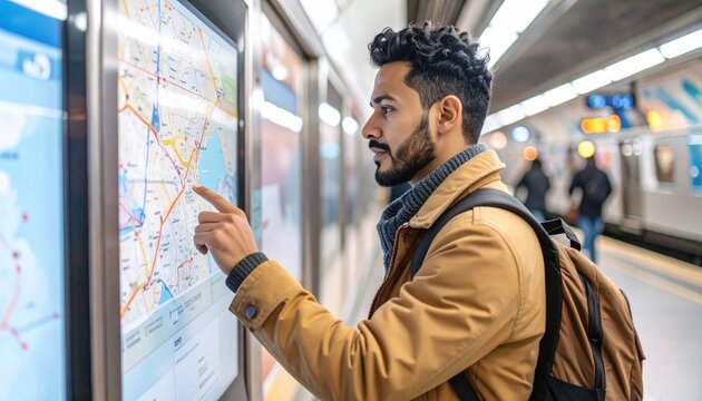 A man consulting a public transportation map in a subway station, planning his journey. The map helps the man to find destination, explore the area.