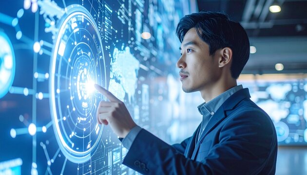 A focused individual interacting with a holographic interface. The man is dressed in business attire, engaged with a futuristic screen.