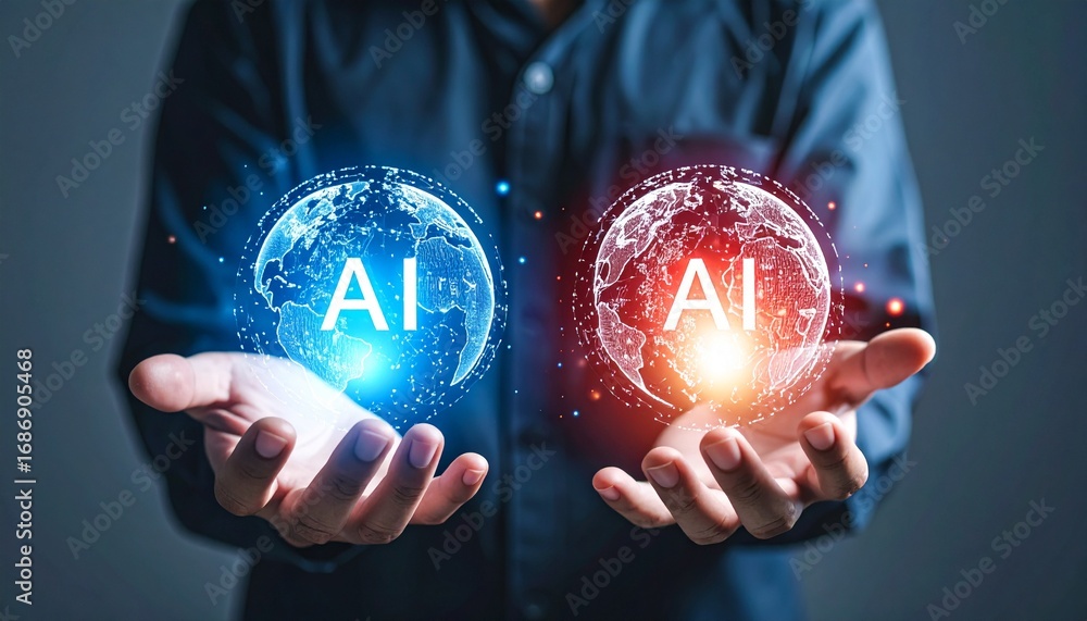 Poster two glowing globes floating in the open hands with the letters ai in the center, represent the conce