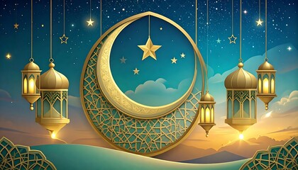 Islamic art crescent moon night sky lanterns