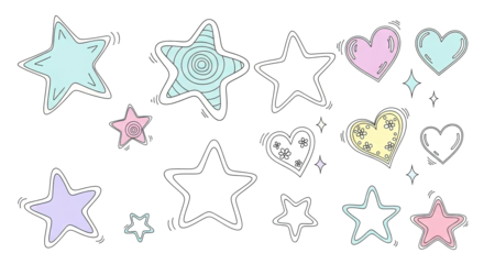 Hand-drawn collection of whimsical stars and hearts in various pastel colors and outlines with a playful, cute doodle style on a transparent background