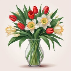 Fototapeta premium Elegant bouquet of tulips and daffodils in a glass vase 