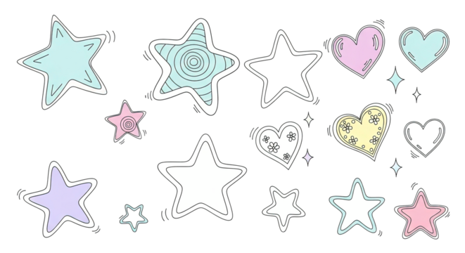 Hand-drawn collection of whimsical stars and hearts in various pastel colors and outlines with a playful, cute doodle style on a transparent background