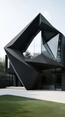 Fototapeta premium Modern Geometric House with Angular Facades and Large Glass Windows